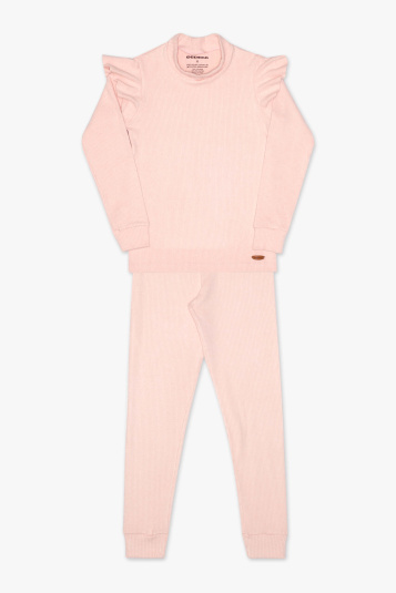 Pijama teen melange canelado rosa com babados
